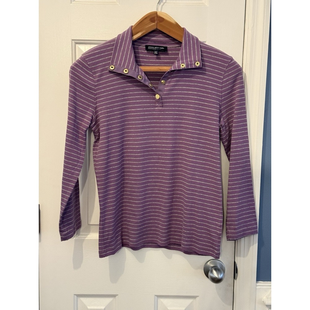Jones NY Signature Petite Preppy PL/G Purple Stripe Polo Gold Buttons Lg Sleeve